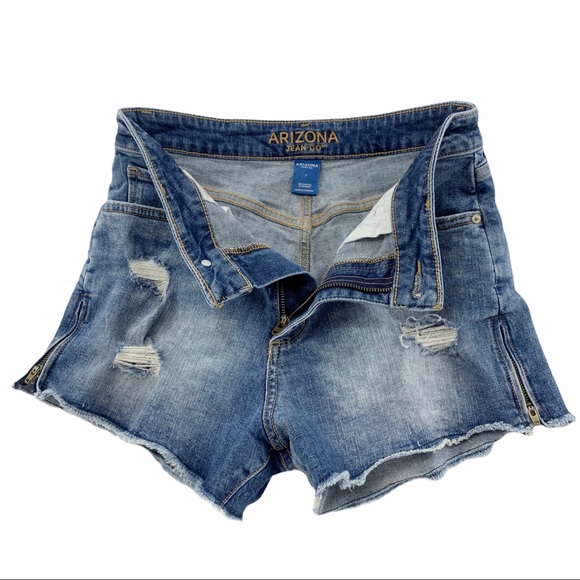 High Rise Zipper Sides Distressed Denim Stretch Blue Jean Shorts by Arizona - Picture 8 of 11